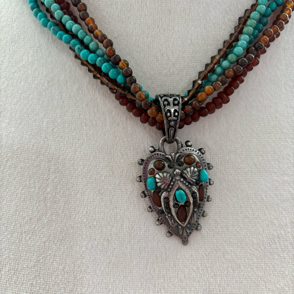 Bohemian Beaded Necklace Silver Tone Heart Pendant Coastal Cowgirl Turquoise - Picture 2 of 7
